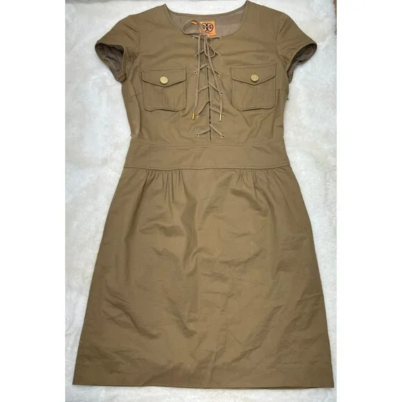 Tory Burch Farla Safari Sand Dollar Lace Up Stretch Twill Shirt Dress Size 0
